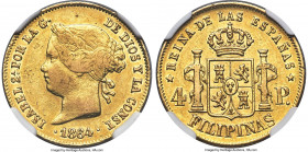 Spanish Colony. Isabel II gold 4 Pesos 1864 AU55 NGC, Manila mint, KM144, Cal-858. Showing lightly handled surfaces with shades of luster and a possib...