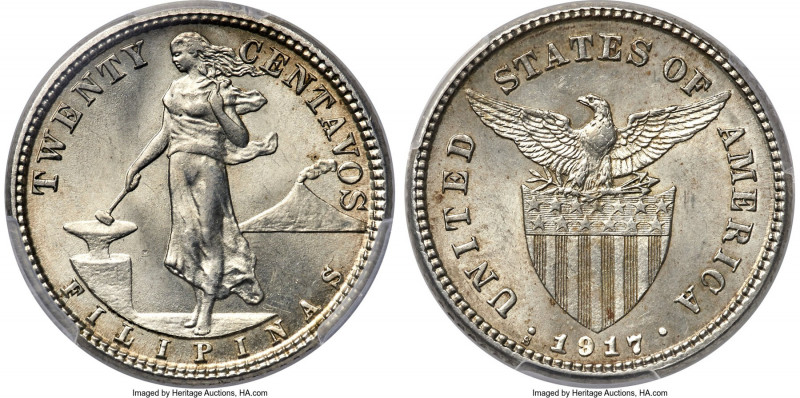 USA Administration 20 Centavos 1917-S MS66 PCGS, San Francisco mint, KM170. A co...