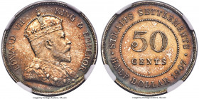 British Colony. Edward VII 50 Cents 1907-H AU58 NGC, Heaton mint, KM24. Showing a golden-peach tone with cobalt shades to the lustrous surfaces. 

H...