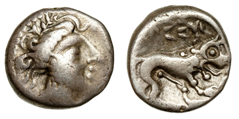 Southern Gaul, Insubres.
AR Drachm
2,82 g / 14 mm
~ 1st century BCE
Imitatin...