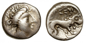 Southern Gaul, Insubres.
AR Drachm
2,82 g / 14 mm
~ 1st century BCE
Imitating Massalia. Female head right; wearing earring. / Stylized lion right....