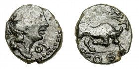 Southern Gaul, Massalia.
AE
1,63 g / 11 mm
~ 80-50 BCE
Head of Apollo to right. / Bull fights to right.

very fine, RARE!