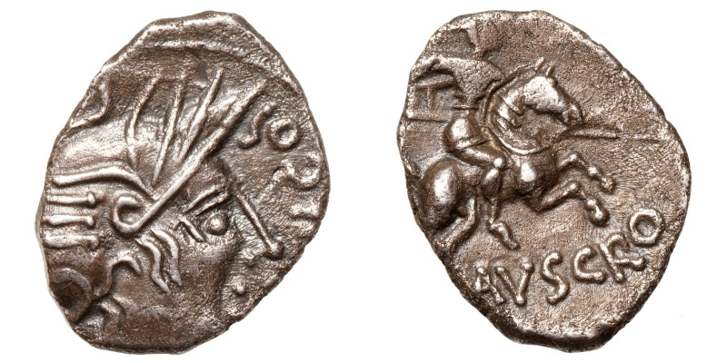 Southern Gaul, Allobroges.
AR Quinarius
1,89 g / 16 mm
~ 61-43 BCE
Helmeted ...