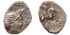 Southern Gaul, Allobroges.
AR Quinarius
1,89 g / 16 mm
~ 61-43 BCE
Helmeted head of Roma right; DVRNACOS before / Horseman galloping right, holdin...