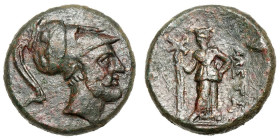 Lucania, Metapontion.
AE
4,67 g/ 16 mm
~ 225-200 BCE
Helmeted head of Leukippos right / Demeter standing facing, head right, holding long cross-to...