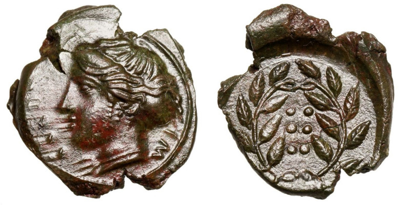 Sicily, Himera.
AE Hemilitron
3,99 g / 19 mm
~ 415-409 BCE
Head of nymph lef...