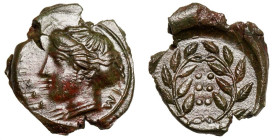 Sicily, Himera.
AE Hemilitron
3,99 g / 19 mm
~ 415-409 BCE
Head of nymph left; six pellets (mark of value) before / Six pellets (mark of value) wi...