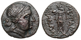 Thrace, Mesembria.
AE
5,71 g / 18 mm
~ 2nd century BCE
Female head right / Athena Promachos standing left, brandishing shield and spear; crested h...