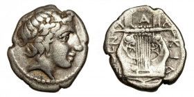 Macedon, Chalkidian League, Olynthos.
AR Tetrobol
2,26 g / 14 mm
~ 382-379 BCE
Laureate head of Apollo right / Kithara.
HGC 3, 502.
very fine