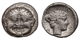 Macedon, Neapolis.
AR Hemidrachm
1,75 g / 13 mm
~ 375-350 BCE
Facing gorgoneion / Head of nymph right.
HGC 3, 588.
very fine