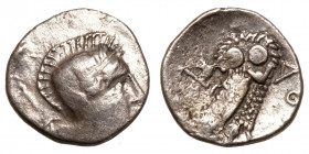 Philistia (Palestine), Gaza (‘Azah).
AR Obol
0,52 g / 10 mm
~ 450-333 BCE
Helmeted head of Athena right / Owl standing right, head facing; Marnas ...