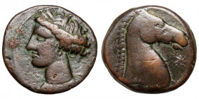 Zeugitania, Carthage.
AE
4,94 g / 19 mm
Carthage or Sardinian mint. ~ 300-264 BCE
Wreathed head of Tanit left / Head of horse right; star before....