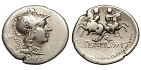 C. Servilius M.f.
AR Denarius
3,78 g / 21 mm
Rome, 136 BCE
Helmeted head of Roma right; to left, wreath above mark of value / The Dioscuri, each h...