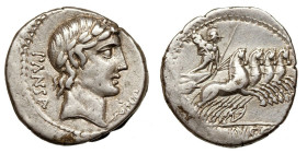 C. Vibius C.f. Pansa
AR Denarius
3,97 g / 17 mm
Rome, 90 BCE
Laureate head of Apollo right; branch below chin / Minerva driving galloping quadriga...