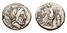 L. Rubrius Dossenus
AR Quinarius
1,89 g / 14 mm
Rome, 87 BCE
Laureate head of Neptune right; trident to left / Victory advancing right, holding wr...