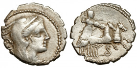 L. Procilius
AR Denarius
3,80 g / 18 mm
Rome, 80 BCE
Head of Juno Sospita right, wearing goat-skin headdress / Juno Sospita driving galloping biga...