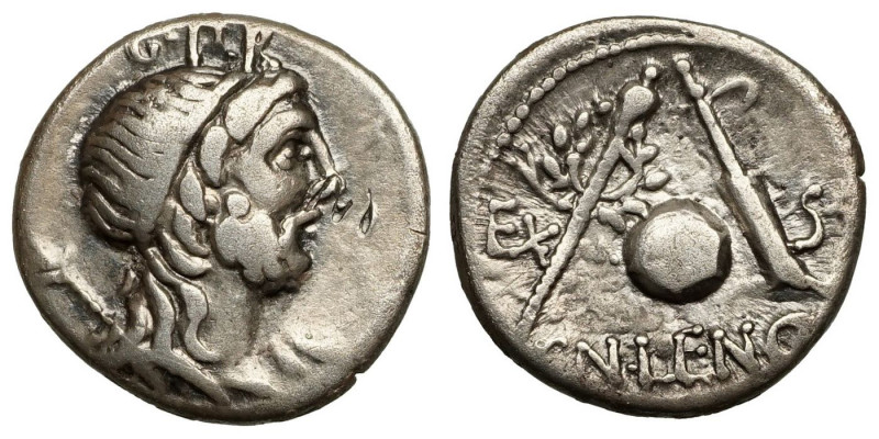 Cn. Lentulus
AR Denarius
3,64 g / 17 mm
Spanish(?) mint, 76/75 BCE
Diademed ...