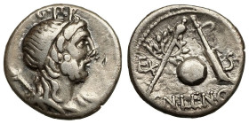 Cn. Lentulus
AR Denarius
3,64 g / 17 mm
Spanish(?) mint, 76/75 BCE
Diademed and draped bust of Genius Populi Romani right; scepter over shoulder /...