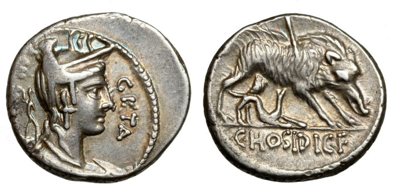 C. Hosidius C.f. Geta
AR Denarius
3,78 g / 17 mm
Rome, 64 BCE
Diademed and d...