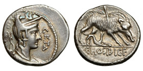 C. Hosidius C.f. Geta
AR Denarius
3,78 g / 17 mm
Rome, 64 BCE
Diademed and draped bust of Diana right, with bow and quiver over shoulder / Calydon...