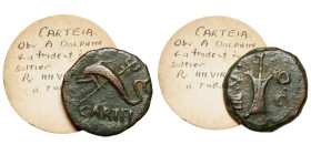Pseudo-autonomous issue. Time of Augustus (27 BCE - 14 CE) 
AE Quadrans
4,04 g / 18 mm
Spain, Carteia.
Dolphin left; trident in background / Rudde...