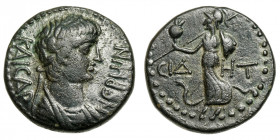 Nero (54-68)
AE
4,67 g / 17 mm
PAMPHYLIA, Side. Struck ~ 55 CE.
Bareheaded and draped bust right / Athena advancing right, holding spear and shiel...