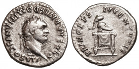 Domitian (Caesar, 69-81)
AR Denarius
3,30 g / 18 mm
Rome, 80-81
Laureate head right / Crested Corinthian helmet on draped pulvinar.
RIC 271.
ver...