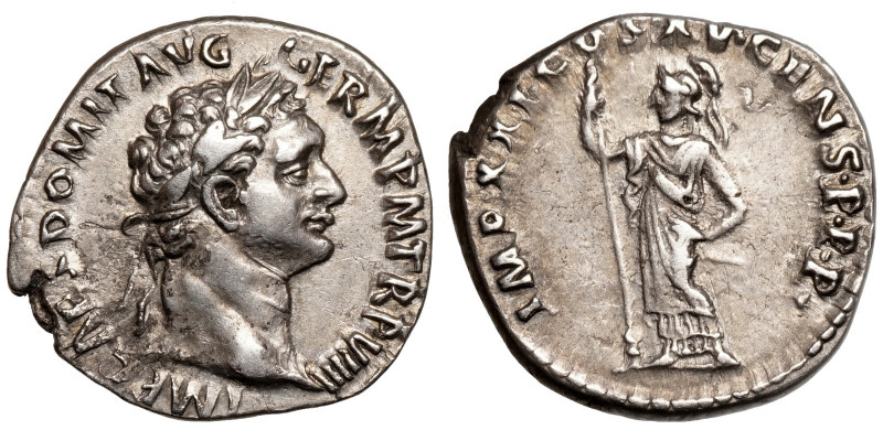 Domitian (81-96)
AR Denarius
3,33 g / 17 mm
Rome, 90
Laureate head right / M...