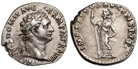 Domitian (81-96)
AR Denarius
3,33 g / 17 mm
Rome, 90
Laureate head right / Minerva standing left, holding spear.
RIC 150
very fine