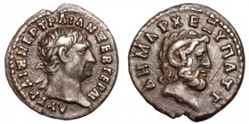 Trajan (98-117)
AR Hemidrachm
1,86 g / 15 mm
CYRENAICA, Cyrene.
Laureate head right / ∆HMAPX EΞ YΠAT Γ, horned head of Zeus-Ammon right. 
RPC III...