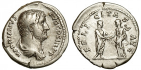 Hadrian (117-138)
AR Denarius
3,10 g / 17 mm
Rome, 134-138.
Laureate and draped bust right / Hadrian standing right, clasping hands with Felicitas...