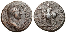 Hadrian (117-138)
AE As
11,14 g / 25 mm
Rome, 134-138.
Bareheaded and draped bust right / MAVRETANIA, Mauretania standing left, holding bridle of ...