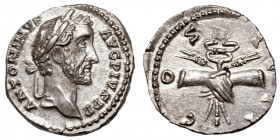 Antoninus Pius (138-161)
AR Denarius
3,38 g / 17 mm
Rome, 145-147.
Laureate head right / Clasped right hands holding caduceus between two stalks o...