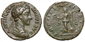 Commodus (177-192)
AE As
8,77 g / 24 mm
Rome, 178
Laureate and cuirassed bust r. / Victory advancing l., holding wreath and palm branch in field, ...