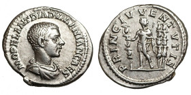 Diadumenian (Caesar, 217-218)
AR Denarius
3,42 g / 20 mm
Rome, 217-218
Bareheaded, draped, and cuirassed bust right. / Diadumenian standing slight...