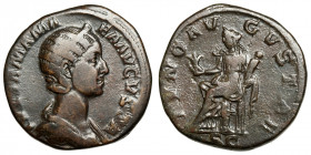 Julia Mamaea (Augusta, 222-235)
AE Sestertius
21,43 g / 29 mm
Rome, 231
Draped bust right, wearing stephane. / Juno seated left on throne, holding...