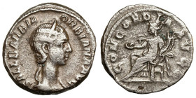 Orbiana (Augusta, 225-227)
AR Denarius
3,77 g / 18 mm
Rome, 225
Draped bust right, wearing stephane. / Concordia seated left, holding patera and d...