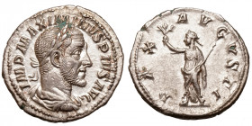 Maximinus I. Thrax (235-238)
AR Denarius
3,17 g / 19 mm
Rome, 236
Laureate, draped, and cuirassed bust right. / Pax standing left, holding olive b...