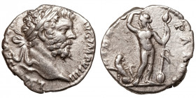 Septimius Severus (193-211)
AR Denarius
2,48 g / 16 mm
Rome, 197
Laureate head right. / Liber (Bacchus) standing left, holding oenochoe and thyrsu...
