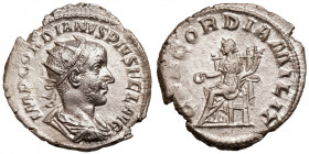 Gordian III. (238-244)
AR Antoninianus
3,69 g / 21 mm
Rome
Laureate, draped, and cuirassed bust right. / Concordia seated left, holding patera and...