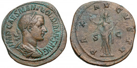 Gordian III. (238-244)
AE Sestertius
16,82 g / 32 mm
Rome, 238
Laureate, draped, and cuirassed bust right. / Pax standing left, holding olive bran...