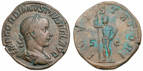 Gordian III. (238-244)
AE Sestertius
22,30 g / 30 mm
Rome, 240
Laureate, draped, and cuirassed bust right. / Jupiter standing right, holding scept...