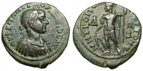 Gordian III. (238-244)
AE
11.51 g / 26 mm
Moesia Inferior, Tomis.
Laureate bust right. / Ares standing left, holding shield and spear, Δ in left f...