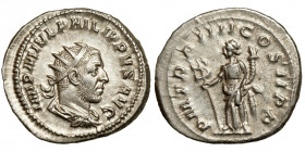 Philip I. (244-249)
AR Antoninianus
5,06 g / 23 mm
Rome, 247
Radiate, draped, and cuirassed bust right. / P M TR P IIII COS II P P, Felicitas stan...