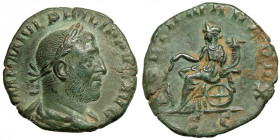 Philip I. (244-249)
AE Sestertius
10,83 g / 26 mm
Rome, 249
Laureate, draped, and cuirassed bust right. / Fortuna seated left, holding rudder and ...