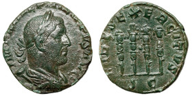 Philip I. (244-249)
AE Sestertius
13,81 g / 27 mm
Rome, 249
Laureate, draped, and cuirassed bust right. / Signum surmounted by hand and aquila, fl...