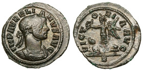 Aurelian (270-275)
AE Denarius
1,99 g / 19 mm
Rome, 275
Laureate, draped, and cuirassed bust right. / Victory advancing left, holding wreath in ex...