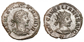 Vabalathus, with Aurelian (270-275)
AE Antoninianus
3,20 g / 21 mm
Antioch
Radiate and cuirassed bust of Aurelian right; H below. / Laureate and d...
