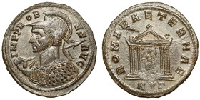 Probus (276-282)
AE Antoninianus
3,27 g / 23 mm 
Rome, 276
Radiate, helmeted, and cuirassed bust left, holding spear and shield. / Roma seated fac...