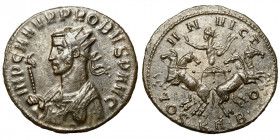 Probus (276-282)
AE Antoninianus
3,82 g / 23 mm
Serdica, 277
Radiate, helmeted, and cuirassed bust left, holding eagle-tipped scepter / Sol drivin...